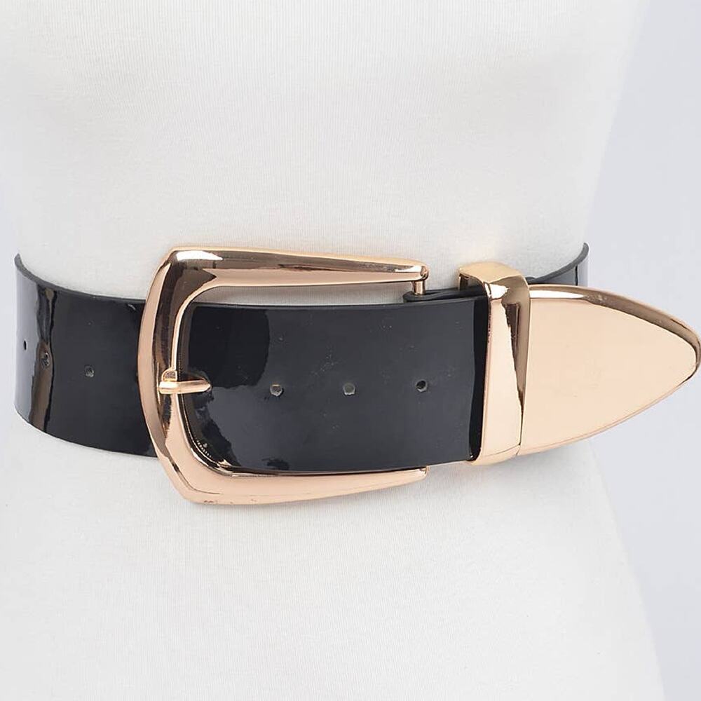 Black Vegan Patent Leather Wide Belt Plus Size